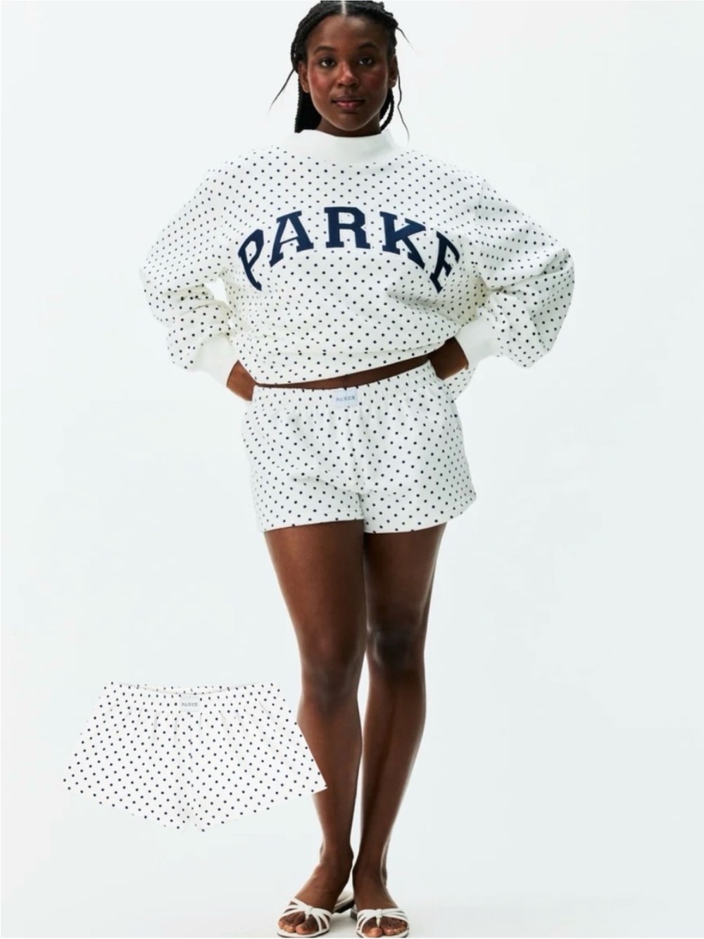 🌟 PARKE Polka Dot 2 Piece Set- Mock Neck - AND Matching Shorts-White/Denim-NWT🌟